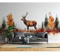 3D Photo Wallpaper Deer Forest Modern Wall Mural Non-Woven Poster 400x280 cm Nature Scenery Wall Art Wallpaper Decoration for TV Background Living Room Bedroom R-62