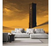 3D Photo Wallpaper Desert Clock Tower Modern Wall Mural Non-Woven Poster 250x175 cm Sunset Wall Art Wallpaper Decoration for TV Background Living Room Bedroom R-378