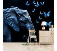 3D Photo Wallpaper Elephant and Blue Butterfly 500(W) x280(H) cm Wall Mural Creative Animal Painting Non-Woven Peel and Stick Self-Adhesive for Living Room Bedroom Dining Hotel
