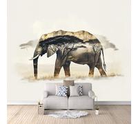 3D Photo Wallpaper Elephant and Tree Fusion 150(W) x105(H) cm Wall Mural Creative Illustration Style Non-Woven Peel and Stick Self-Adhesive Home Decoration Bedroom Kitchen Wall Paper