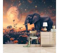 3D Photo Wallpaper Elephant Flower Planet 366(W) x256(H) cm Wall Mural Animal Scenery Non-Woven Peel and Stick Self-Adhesive Poster Decoration for Bedroom Living Room Corridor
