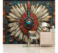 3D Photo Wallpaper Feather Totem 500(W) x280(H) cm Wall Mural Primitive Tribal Art Non-Woven Peel and Stick Self-Adhesive for Living Room Bedroom Dining Hotel