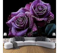 3D Photo Wallpaper Flowers 350×256cm (WxH) ，Dark Purple Mural Silk Wall Decor Water Drop Purple Rose Print Silk Cloth Mural Wallpaper for Living Room Bedroom Wall Decor