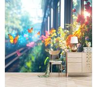 3D Photo Wallpaper Flowers and Butterflies Outside The Train 250(W) x175(H) cm Wall Mural Beautiful Scenery Non-Woven Peel and Stick Self-Adhesive DIY Walls Decor for TV Background and Sofa Backdrop