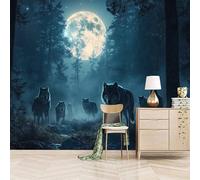 3D Photo Wallpaper Forest Wolves at Night 500(W) x280(H) cm Wall Mural Ferocious Beast Non-Woven Peel and Stick Self-Adhesive for Living Room Bedroom Dining Hotel