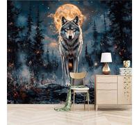 3D Photo Wallpaper Full Moon Mysterious Forest Wild Wolf 150(W) x105(H) cm Wall Mural Animal Non-Woven Peel and Stick Self-Adhesive Home Decoration Bedroom Kitchen Wall Paper