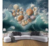 3D Photo Wallpaper Heart-Shaped Shells On The Beach 250×175 Cm, Ocean Wall Art Wallpaper Mural Modern Design Living Room Bedroom Hallway Murals Wall Decoration, Blue