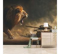 3D Photo Wallpaper Lion Versus Tank 400(W) x280(H) cm Wall Mural Visually Stunning Non-Woven Peel and Stick Self-Adhesive Premium Art Print Decor for Living Room Bedroom