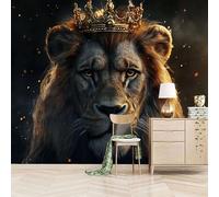 3D Photo Wallpaper Lion Wearing A Crown 500(W) x280(H) cm Wall Mural Beast Non-Woven Peel and Stick Self-Adhesive for Living Room Bedroom Dining Hotel