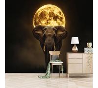 3D Photo Wallpaper Moon Elephant 300(W) x210(H) cm Wall Mural Animal Scenery Non-Woven Peel and Stick Self-Adhesive for Living Room, Bedroom, Kids Room, Office
