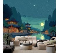 3D Photo Wallpaper Moonlight River Mountains 200 x 140 cm Wall Mural, Cartoon Architecture Modern Living Room Tv Background Mural Wallpaper for Living Room Tv Sofa Theme Hotel Murals