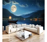 3D Photo Wallpaper Moonlit Night Small Boat Wall Mural Decoration Poste Starry Sky Premium Non-Woven Wall Mural Wallpaper Wall Art for Living Room Bedroom Children's Room W350xH256 9yf150