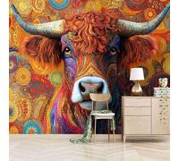 3D Photo Wallpaper Multi-Color Painting of A Cow 500(W) x280(H) cm Wall Mural Animal Non-Woven Peel and Stick Self-Adhesive for Living Room Bedroom Dining Hotel