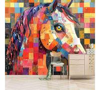 3D Photo Wallpaper Multicolor Mosaic Painting of A Horse 500(W) x280(H) cm Wall Mural Animal Non-Woven Peel and Stick Self-Adhesive for Living Room Bedroom Dining Hotel