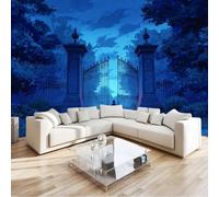 3D Photo Wallpaper Mural 200 x 140 cm - Blue Anime Fence Pillars Silhouette Starry Sky Non-Woven Premium Art Print, Modern Wall Covering for Living Room Bedroom, DIY Home Wall Decoration