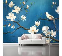 3D Photo Wallpaper Mural - Retro Oriental Tradition Orchids Indoor Luxury Wall Painting for Living Room, Blue Eco-Friendly Home Decor Wallpaper Decoration Poster 200 x 140 cm (W x H)