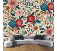 3D Photo Wallpaper Retro Flowers 250×175 Cm, Traditional Folk Art Wall Art Wallpaper Mural Modern Design Living Room Bedroom Hallway Murals Wall Decoration, Multicolor