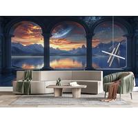 3D Photo Wallpaper Retro Window View Sunset Wall Mural Decoration Poste Art Premium Non-Woven Wall Mural Wallpaper Wall Art for Living Room Bedroom W200xH140 15yf140