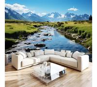 3D Photo Wallpaper Rivers Grasslands Snow-Capped Mountains Wall Mural Decoration Poste Premium Non-Woven Wall Mural Wallpaper Wall Art for Living Room Bedroom Children's Room W350xH256 5yf234