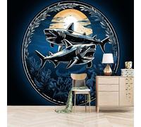 3D Photo Wallpaper Sharks Circling The Sunset 500(W) x280(H) cm Wall Mural Retro Illustration Style Non-Woven Peel and Stick Self-Adhesive for Living Room Bedroom Dining Hotel