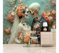 3D Photo Wallpaper Skeleton Couple 200(W) x140(H) cm Wall Mural Surrounded by A Sea of Flowers Non-Woven Peel and Stick Self-Adhesive Large Poster Living Room Bedroom Tv Background Wall