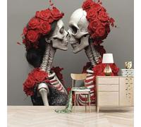 3D Photo Wallpaper Skeleton Couple Wearing Red Roses 500(W) x280(H) cm Wall Mural Love Non-Woven Peel and Stick Self-Adhesive for Living Room Bedroom Dining Hotel