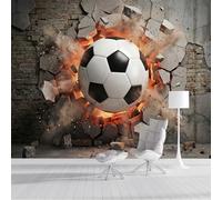 3D Photo Wallpaper Soccer Ball Breaking Through Brick Wall 200x140cm, 3D Wall-Breaking Explosion Effect Wall Mural Silk Panoramic Poster Home Decoration Wallpaper Murals for Living Room, Bedroom