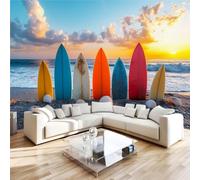 3D Photo Wallpaper Summer Surfboard Wall Mural Decoration W250xH175 | Beach Sunset Coastal Premium Non-Woven Wallpaper Wall Art Poster for Living Room Bedroom Kids Room Office L/523