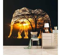 3D Photo Wallpaper Sunset Fusion Elephant 300(W) x210(H) cm Wall Mural Creative Painting Non-Woven Peel and Stick Self-Adhesive for Living Room, Bedroom, Kids Room, Office