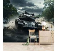 3D Photo Wallpaper Tanks Galloping in The Rain 500(W) x280(H) cm Wall Mural Battlefield Moment Non-Woven Peel and Stick Self-Adhesive for Living Room Bedroom Dining Hotel