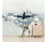 3D Photo Wallpaper The Plane Flies Over The Snow-Capped Mountains and The City 300(W) x256(H) cm Wall Mural Surreal Art Style Non-Woven Peel and Stick Self-Adhesive for Study Living BedRooms Home