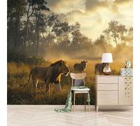 3D Photo Wallpaper Three Lions Grassland 366(W) x256(H) cm Wall Mural Natural Scenery Non-Woven Peel and Stick Self-Adhesive Poster Decoration for Bedroom Living Room Corridor