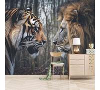 3D Photo Wallpaper Tiger and Lion Confrontation 400(W) x280(H) cm Wall Mural Forest Natural Beauty Non-Woven Peel and Stick Self-Adhesive Premium Art Print Decor for Living Room Bedroom