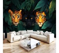 3D Photo Wallpaper Tiger Animal Wall Mural Decoration W366xH254 | Tropical Leaf Jungle Premium Non-Woven Wallpaper Wall Art Poster for Living Room Bedroom Kids Room Office 1-166