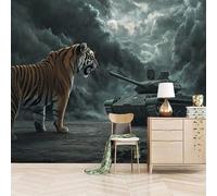 3D Photo Wallpaper Tigers Versus Tanks 400(W) x280(H) cm Wall Mural Beasts and Tanks Non-Woven Peel and Stick Self-Adhesive Premium Art Print Decor for Living Room Bedroom