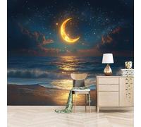3D Photo Wallpaper Tranquil Seaside Night Scene 500(W) x280(H) cm Wall Mural Crescent Beach On The Sea Non-Woven Peel and Stick Self-Adhesive for Living Room Bedroom Dining Hotel