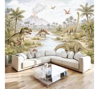 3D Photo Wallpaper Vintage Dinosaur Wall Mural Decoration W350xH256 | Volcano Palm Tree Premium Non-Woven Wallpaper Wall Art Poster for Living Room Bedroom Kids Room Office 1-387