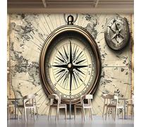 3D Photo Wallpaper Vintage Map Compass Wall Mural Decoration Poste Adventure Style Premium Non-Woven Wall Mural Wallpaper Wall Art for Living Room Bedroom W366xH254 16yf151