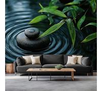 3D Photo Wallpaper Water Ripples Rocks Bamboo Leaves 500 x 280 cm Wall Mural, Natural Elements Modern Living Room Tv Background Mural Wallpaper for Living Room Tv Sofa Theme Hotel Murals