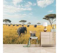 3D Photo Wallpaper Wild Elephants On The Grassland 200(W) x140(H) cm Wall Mural Natural Scenery Non-Woven Peel and Stick Self-Adhesive Large Poster Living Room Bedroom Tv Background Wall