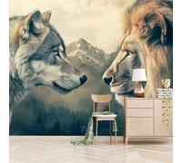 3D Photo Wallpaper Wild Wolf Lion Mountain River 400(W) x280(H) cm Wall Mural Animals and Beasts Non-Woven Peel and Stick Self-Adhesive Premium Art Print Decor for Living Room Bedroom