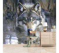 3D Photo Wallpaper Wolf Gazing in The Water 500(W) x280(H) cm Wall Mural Savage Beast Non-Woven Peel and Stick Self-Adhesive for Living Room Bedroom Dining Hotel