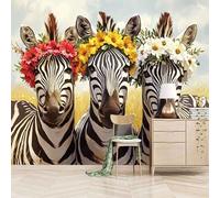3D Photo Wallpaper Zebra Wearing A Wreath 500(W) x280(H) cm Wall Mural Cute and Humorous Style Non-Woven Peel and Stick Self-Adhesive for Living Room Bedroom Dining Hotel