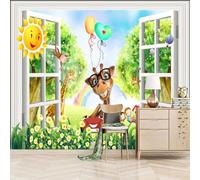 3D Photo Wallpaper Zoo Animals Outside The Window 130x80cm,Giraff Wall Mural Silk Wall Decor Art for Living Room Bedroom