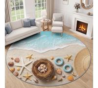 3D Photography Round Washable Rug 60 cm - Soft Beach Waves Starfish Seashells Area Carpet with Non-Slip Backing, Durable Floor Mat for Bedroom, Living Room, Kids Playroom, Nursery (Light Brown)