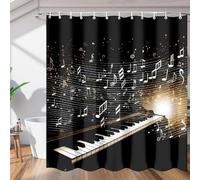 3D Piano Keys Shower Curtain Mould Proof Resistant Long Shower Curtains 150 x 180 cm Wet Room Waterproof Washable Fabric Music Notes Bathroom Curtains with 8 Hooks e-1103