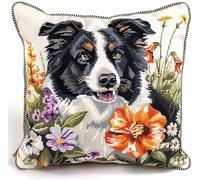 3D Pillow Latch Hook Embroidery Kits Border Collie And Flowers Diy Pillow Materials Package Crocheting Rug Yarn Cushion Embroidery Set Fit For Beginners Embroidery Kit Pillowcase Cushion 17X