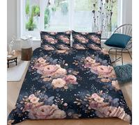 3D Pink and Purple Vintage Flowers King Size Duvet Cover Sets Romantic Style Double Bedding Set Warm Comfort Microfiber Quilt Cover Size 220x230 cm with 2 Pillowcases 50×75 cm E-4092