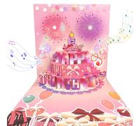 3D Pink Birthday Cake Card, Pop-Up Singing Greeting Card with Melodic Happy Birthday Song and Fireworks, Unique Personalised Gifts for Women Wife Girl Celebration