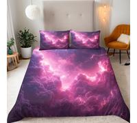 3D Pink Clouds Duvet Cover Set King, Lightning Print Bedding, reversible Design, Includes 1 Duvet Cover 200x200cm & 2 Pillow Cases 50x75cm, Microfiber, Easy Care, for Adults